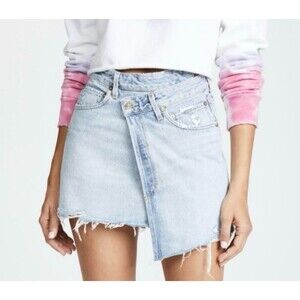 Agolde Denim Mini Skirt Distressed Light Wash Jean Off Duty Model Festival 26